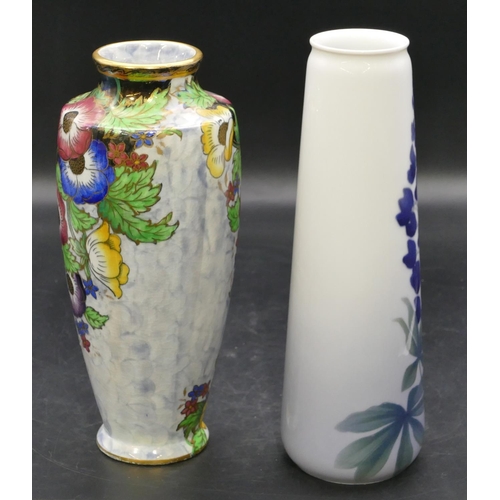 111 - B&G Copenhagen cylindrical vase on white and blue ground with floral and leaf decoration, 25.5cm hig... 