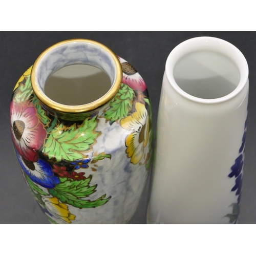 111 - B&G Copenhagen cylindrical vase on white and blue ground with floral and leaf decoration, 25.5cm hig... 