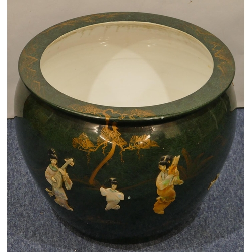 114 - A reproduction Oriental large round bulbous shaped jardiniere on green ground with raised and painte... 