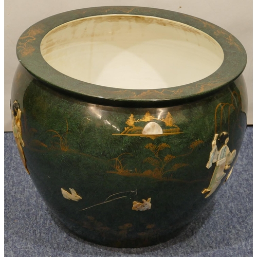 114 - A reproduction Oriental large round bulbous shaped jardiniere on green ground with raised and painte... 