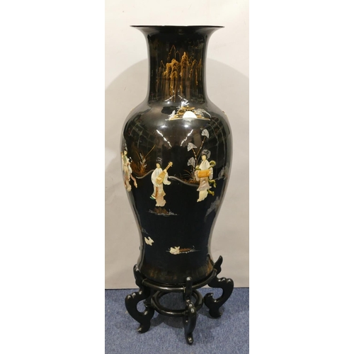 116 - A large reproduction Oriental round bulbous thin necked trumpet shaped floral vase on black ground w... 