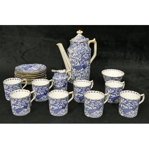 120 - A Royal Crown Derby blue and white coffee service with allover bird, floral and branch decoration, c... 