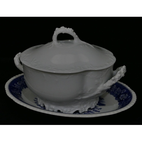 128 - A Continental white china scallop shaped 2-handled lidded soup tureen, 31cm long and an Adams blue a... 