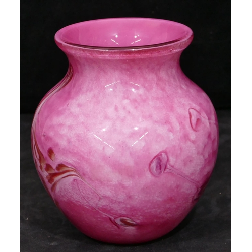 130 - Jean Michel Operto round bulbous thin necked trumpet shaped pink glass vase, 18cm high.