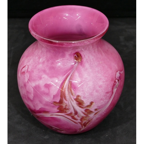 130 - Jean Michel Operto round bulbous thin necked trumpet shaped pink glass vase, 18cm high.