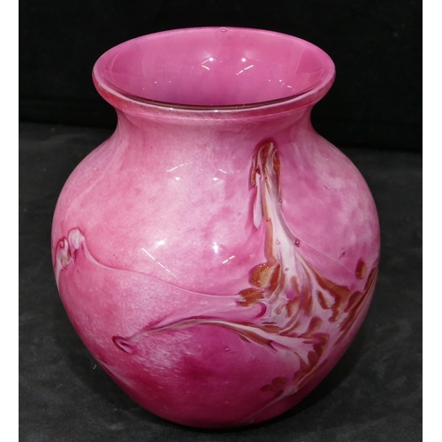 130 - Jean Michel Operto round bulbous thin necked trumpet shaped pink glass vase, 18cm high.