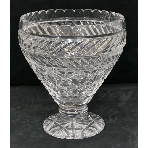 131 - A heavy cut glass round bulbous trumpet shaped vase with key pattern rim on sweeping round base, 29c... 