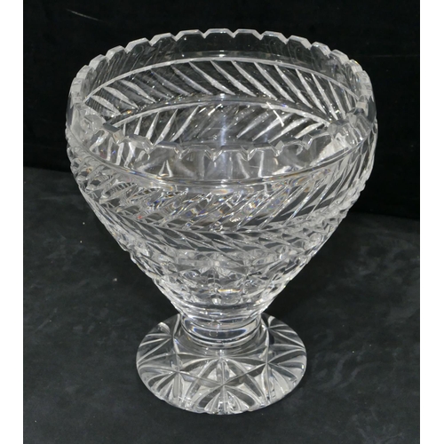 131 - A heavy cut glass round bulbous trumpet shaped vase with key pattern rim on sweeping round base, 29c... 