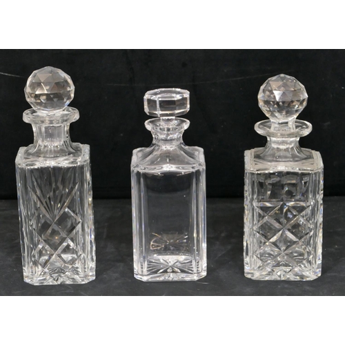 132 - 3 various square heavy cut glass decanters with stoppers, largest 27cm high.