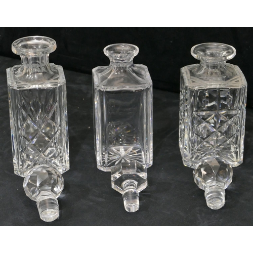 132 - 3 various square heavy cut glass decanters with stoppers, largest 27cm high.