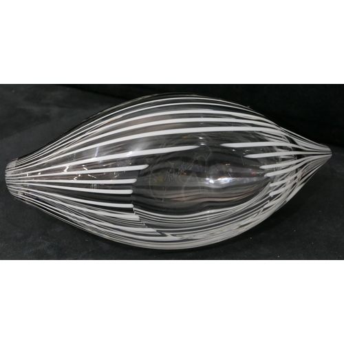 137 - A Lauretta glass figure of a swan on clear ground with striped decoration, 25cm long, 19cm high.