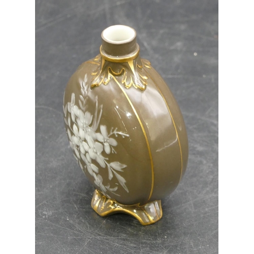 14 - A Locke & Co, Worcester small round bulbous flask shaped vase on brown ground with raised white, flo... 