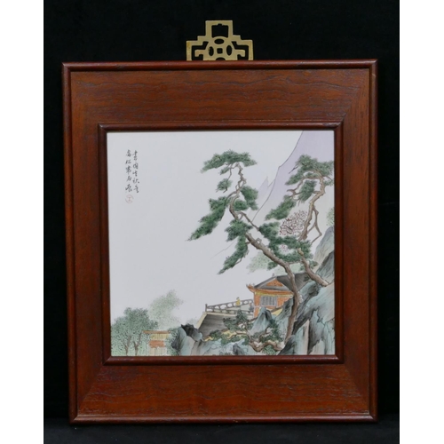 141 - A 20th Century Cantonese plaque depicting figure on balcony overlooking a valley, in wooden frame, p... 