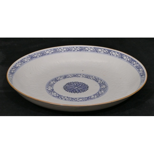 142 - An 18th Century Chinese blue and white round plate with inscribed and painted floral and scroll deco... 