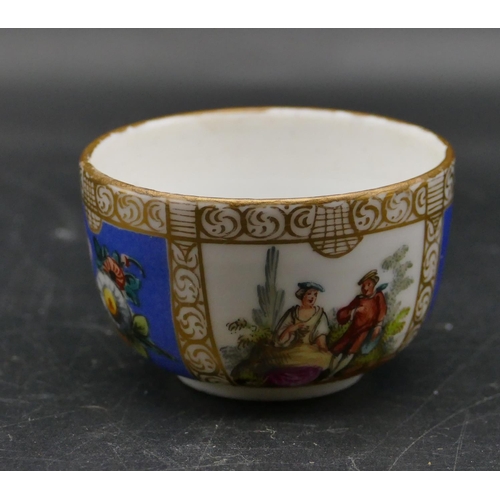 158 - A Dresden small round bowl on white and blue ground with multi-coloured figure, floral and gilt deco... 