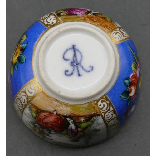 158 - A Dresden small round bowl on white and blue ground with multi-coloured figure, floral and gilt deco... 