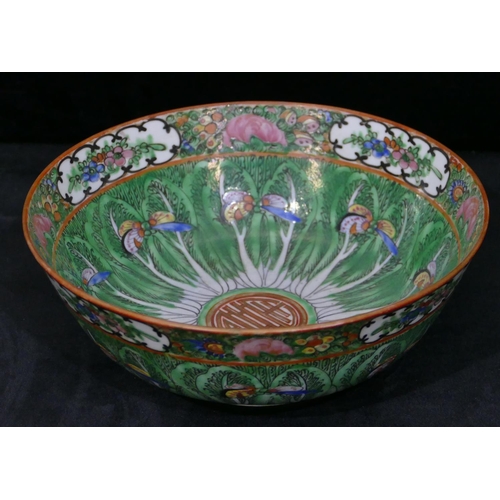 159 - A Chinese round bowl on green ground with allover butterfly, floral and leaf decoration, 29.8 diamet... 