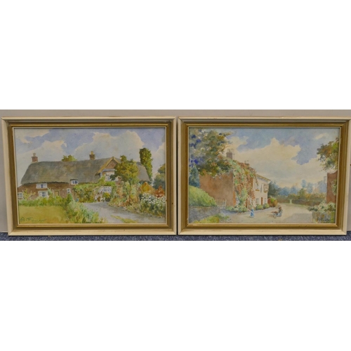 165 - A E. Fowler pair of watercolours depicting figure, country lane and cottages, both signed in white a... 