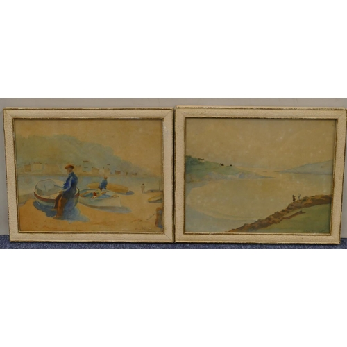 166 - Alex Fowler, a pair of watercolours depicting figures standing in rowing boats and figures on water'... 