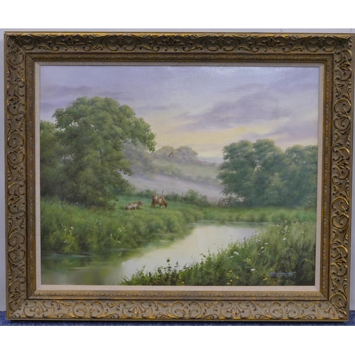 167 - Lesley Harriett oil on canvas, Cattle on Riverbank, signed, in gilt frame, 39.5cm x 49.5cm.