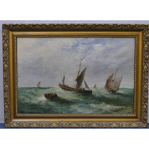 169 - W. Roberts marine oil on canvas, sailing  boats in rough seas, signed, in gilt frame, 39.5cm x60cm.