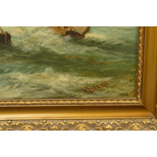 169 - W. Roberts marine oil on canvas, sailing  boats in rough seas, signed, in gilt frame, 39.5cm x60cm.