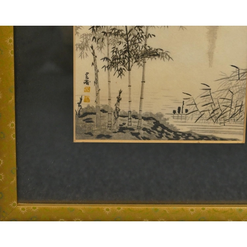 171 - A pair of Japanese monochrome watercolours depicting river landscapes with bamboo decoration, both s... 