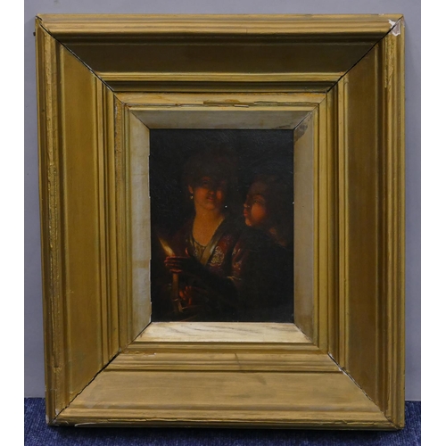 172 - A 19th Century oil on metal depicting 2 shoulder length portraits of ladies in candle light, unsigne... 