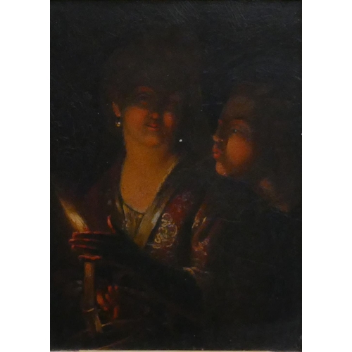 172 - A 19th Century oil on metal depicting 2 shoulder length portraits of ladies in candle light, unsigne... 