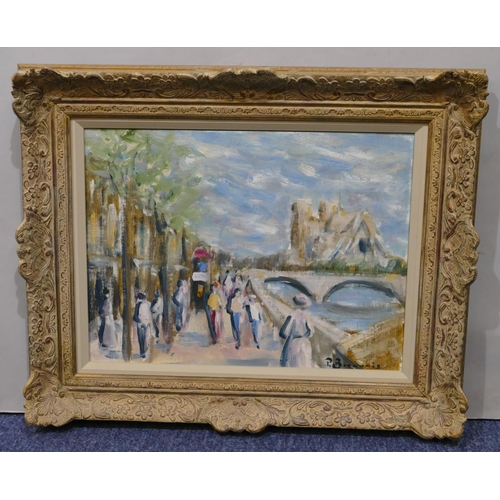 174 - Paul Beauvais, oil on board Paris street scene with figures on waters edge with arched bridge and bu... 