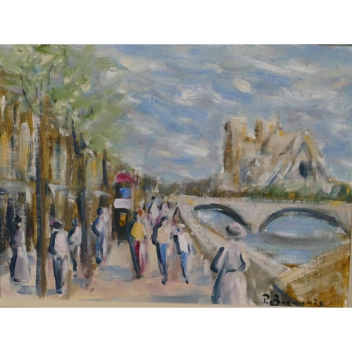 174 - Paul Beauvais, oil on board Paris street scene with figures on waters edge with arched bridge and bu... 