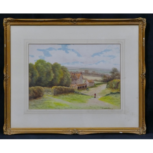 178 - George Oyston watercolour depicting figures on country lane and outside farm building, signed, in gi... 