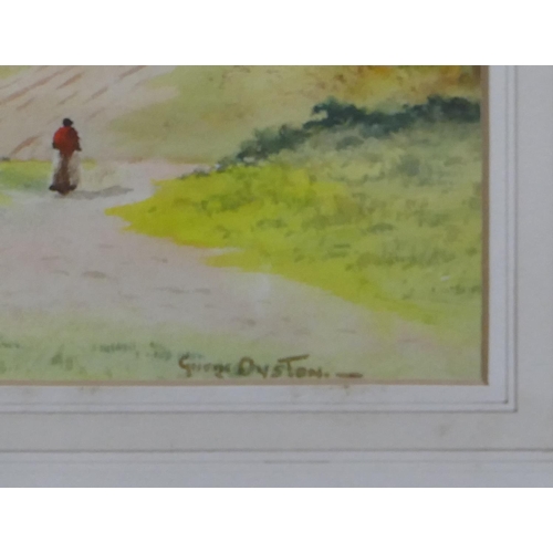 178 - George Oyston watercolour depicting figures on country lane and outside farm building, signed, in gi... 