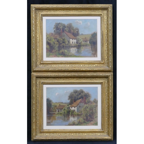 183 - A pair of oil on boards depicting cottages on riverbank (both indistinctly initialled WHM) in gilt f... 