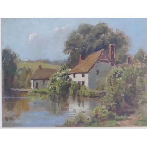 183 - A pair of oil on boards depicting cottages on riverbank (both indistinctly initialled WHM) in gilt f... 