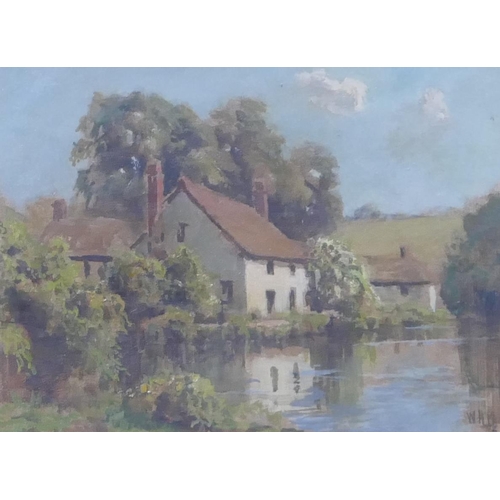 183 - A pair of oil on boards depicting cottages on riverbank (both indistinctly initialled WHM) in gilt f... 