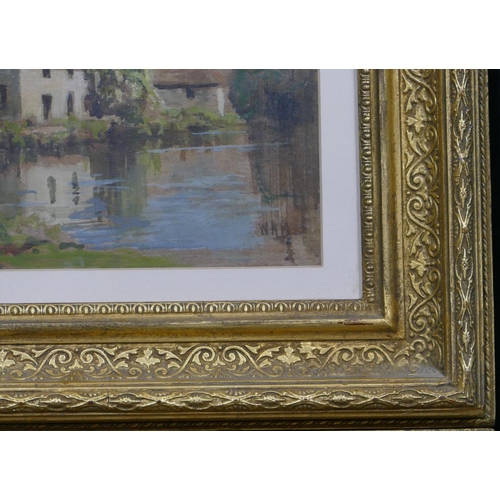 183 - A pair of oil on boards depicting cottages on riverbank (both indistinctly initialled WHM) in gilt f... 