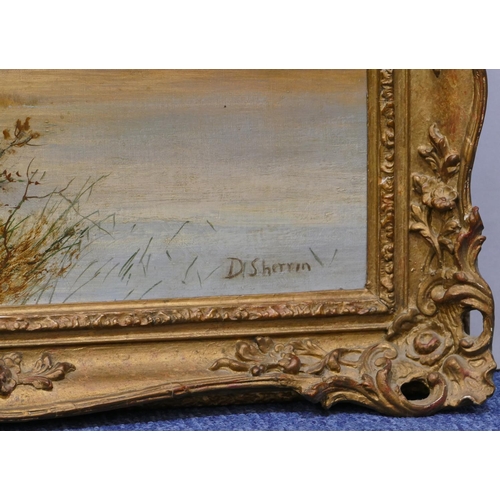 184 - D. Sherrin, pair of oil on canvas's depicting farmers and cattle on riverbank, both signed, in gilt ... 