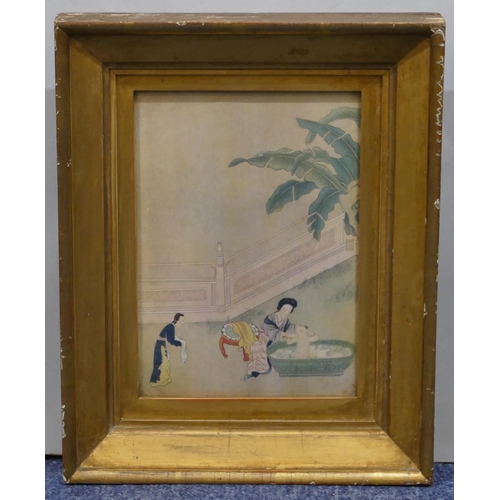 187 - An Oriental coloured print depicting 2 ladies washing a child in gilt frame, 23cm x 16cm