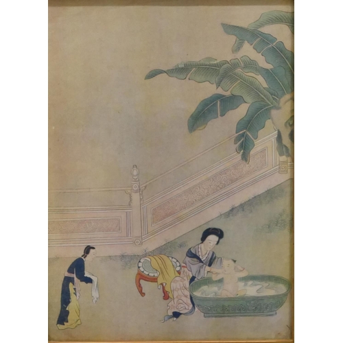 187 - An Oriental coloured print depicting 2 ladies washing a child in gilt frame, 23cm x 16cm