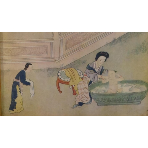 187 - An Oriental coloured print depicting 2 ladies washing a child in gilt frame, 23cm x 16cm