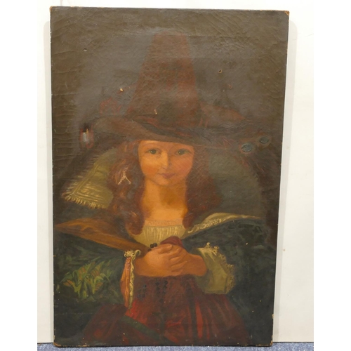 190 - A 19th Century oil on canvas half length portrait of a young girl, unsigned and unframed (some sligh... 