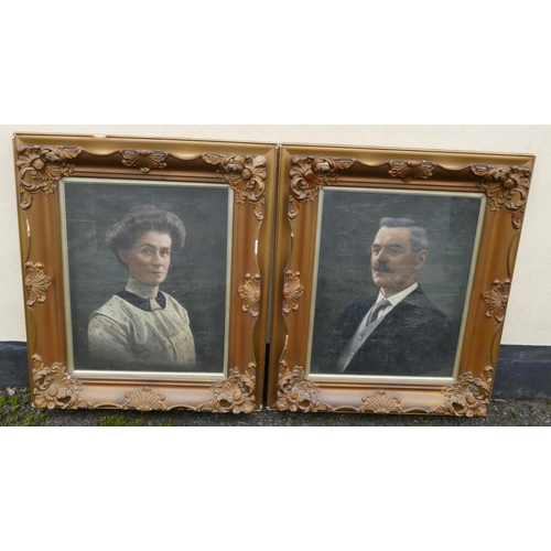 191 - A pair of oil on canvas shoulder length portrait of gentleman and lady (both canvases flaking and cr... 