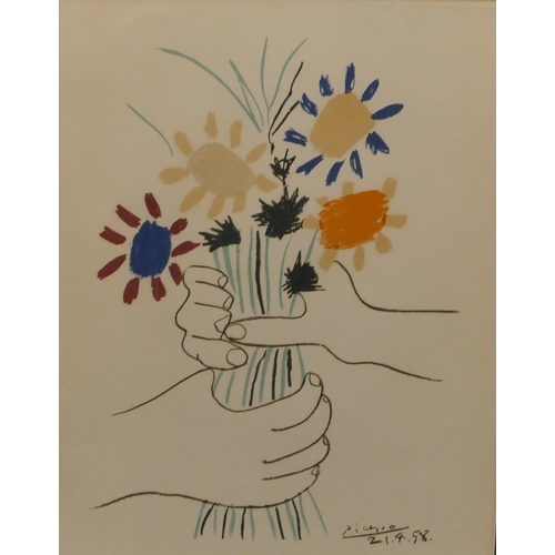 195 - A modern coloured print after Picasso depicting hands clasping a bunch of flowers, in silvered frame... 