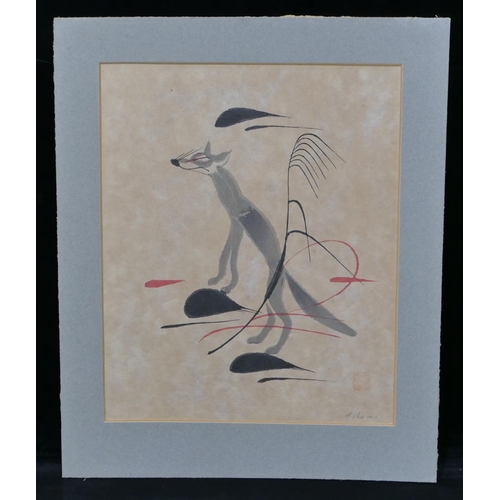 201 - A signed Oriental watercolour depicting a fox, indistinctly signed, mounted but unframed, 35 x 28.5c... 