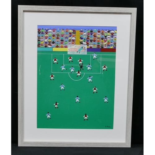 204 - G Barker modern watercolour and gouache depicting football match, signed, in painted frame, 39.5 x 2... 