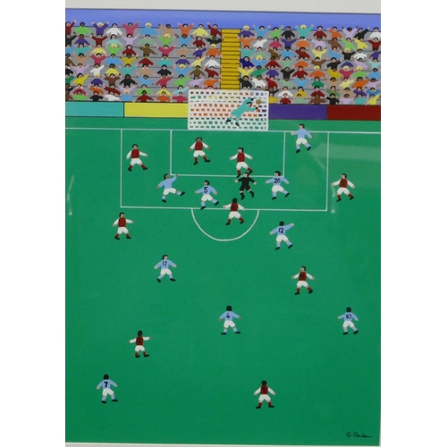 204 - G Barker modern watercolour and gouache depicting football match, signed, in painted frame, 39.5 x 2... 