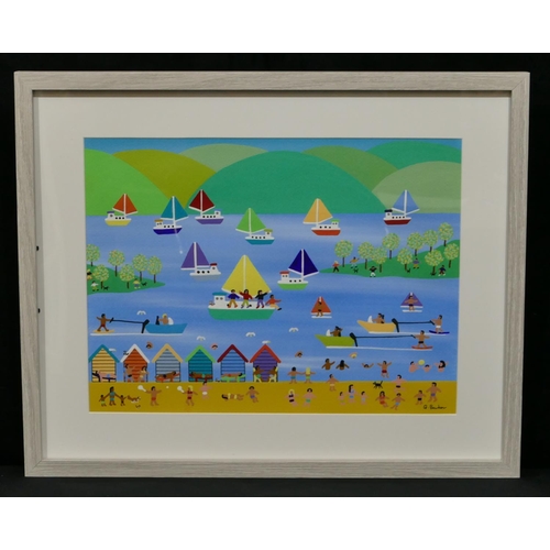 205 - G Barker modern watercolour and gouache depciting a beach scene with figures and huts, water skiing ... 