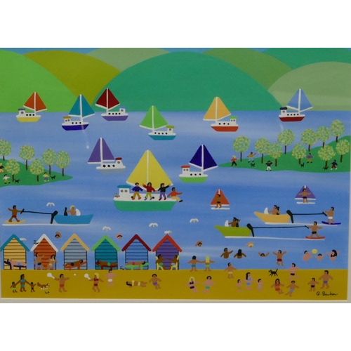 205 - G Barker modern watercolour and gouache depciting a beach scene with figures and huts, water skiing ... 