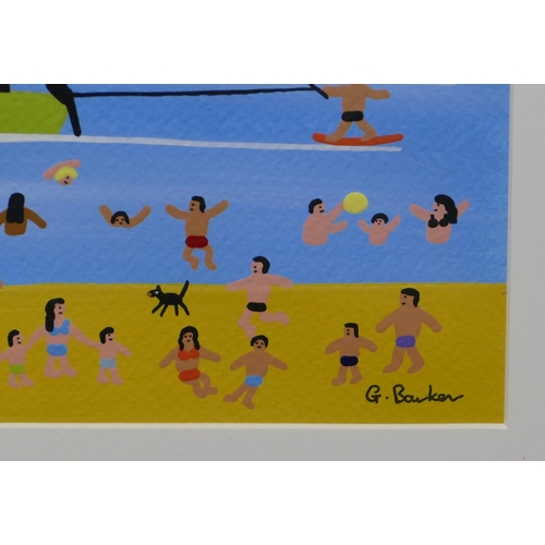 205 - G Barker modern watercolour and gouache depciting a beach scene with figures and huts, water skiing ... 